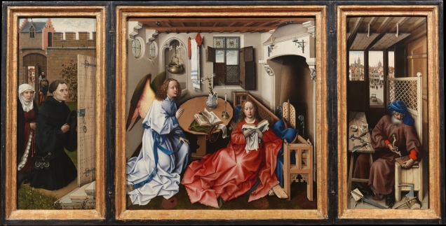 Robert Campin, Annunciation Triptych (Merode Altarpiece), circa 1425-1428, oil on panel, 64.5x117.8cm